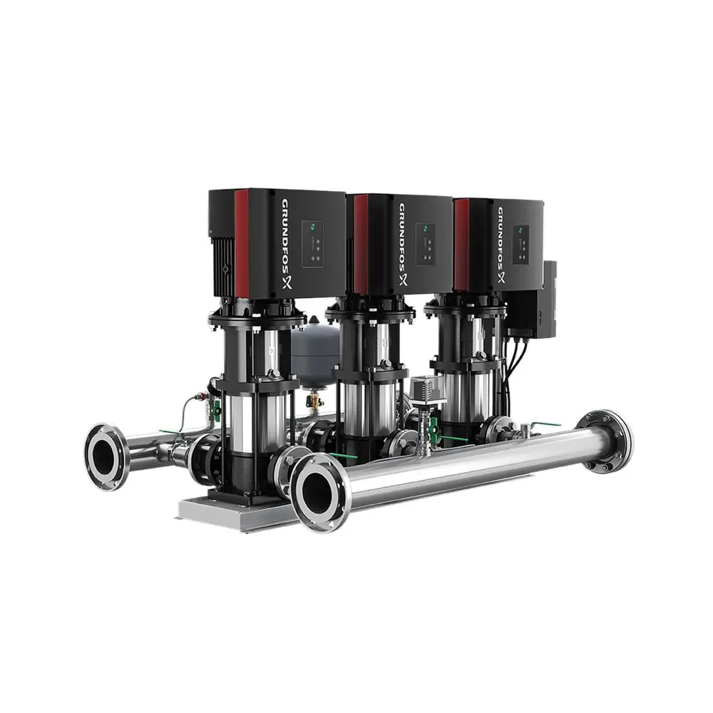 Hydraulische Druckerhöhungsanlage mit drei Pumpen von Grundfos. Montierte Komponenten aus Edelstahl mit verschiedenen Anschlüssen zur Wasserförderung.